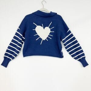 Kerri Rosenthal Radiant Heart Cropped Sweater Navy & White V-Neck Women's Small
